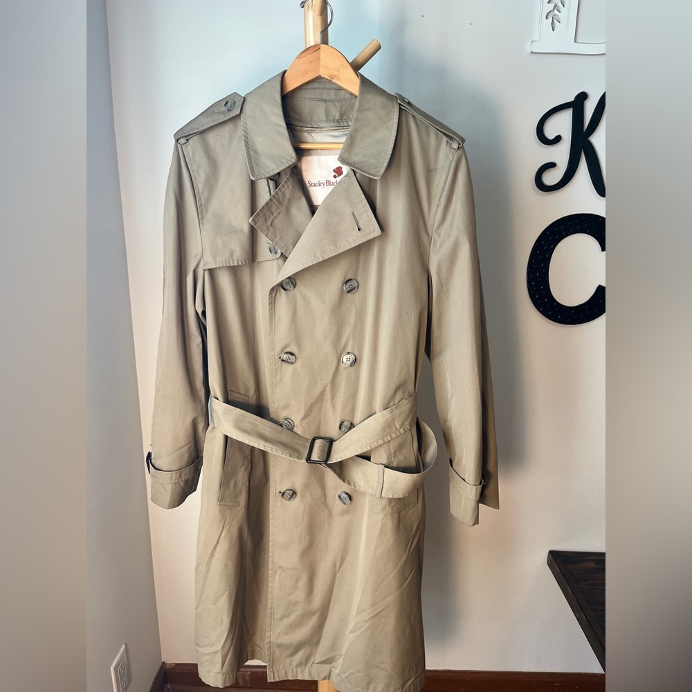 Stanley Blacker Vintage Trench Coat Khaki Belted Removable Liner Size 40 Tan